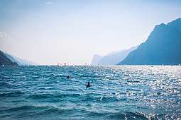 Blick über den Gardasee mit zahlreichen Windsurfern und Segelbooten vor sonniger Bergkulisse – beliebtes Revier für Wassersport und Natururlaub I WUNDERORTE