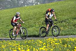 Zwei Radfahrer fahren durch blühende Wiesen auf der Seiser Alm – Aktivsein in der Natur mit Dolomitenblick I WUNDERORTE
