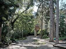Historischer Elisabeth Park in Meran mit alten Bäumen und Arkadengang vor dem Designloft  I WUNDERORTE