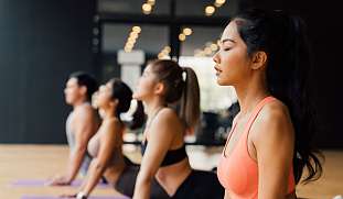 Hübsche, vital aussehende Frauen in Sportbekleidung im Wellness Hotel in einem Yogakurs in Yoga Pose &quot;heraufschauender Hund&quot;